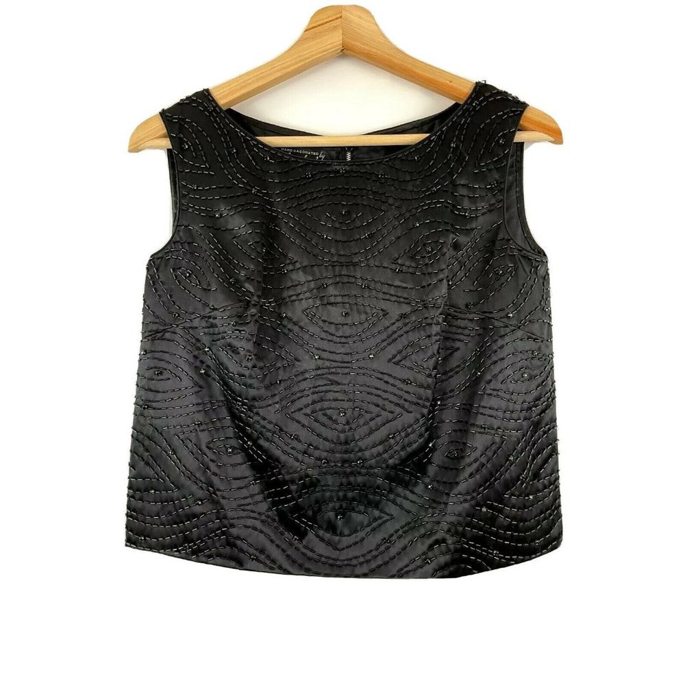 Vintage Mandarin Manufacturing Co Sz 10 Black Sequin Cropped Back Zipper Top